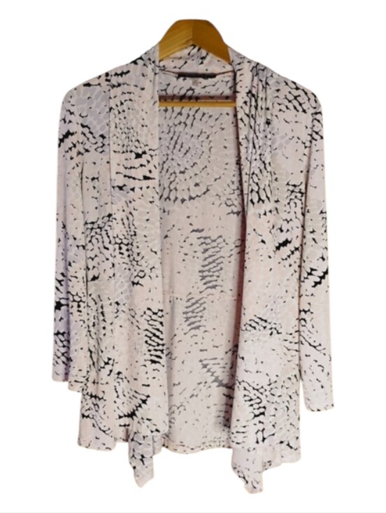 Kasper Sweaters - Kasper Black and Pink White Abstract Open-Front Waterfall Cardigan Sz M